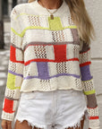 Gray Openwork Color Block Round Neck Sweater