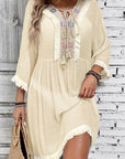 Light Gray Fringe Tie Neck Three-Quarter Sleeve Cover Up Sentient Beauty Fashions Apaparel & Accessories