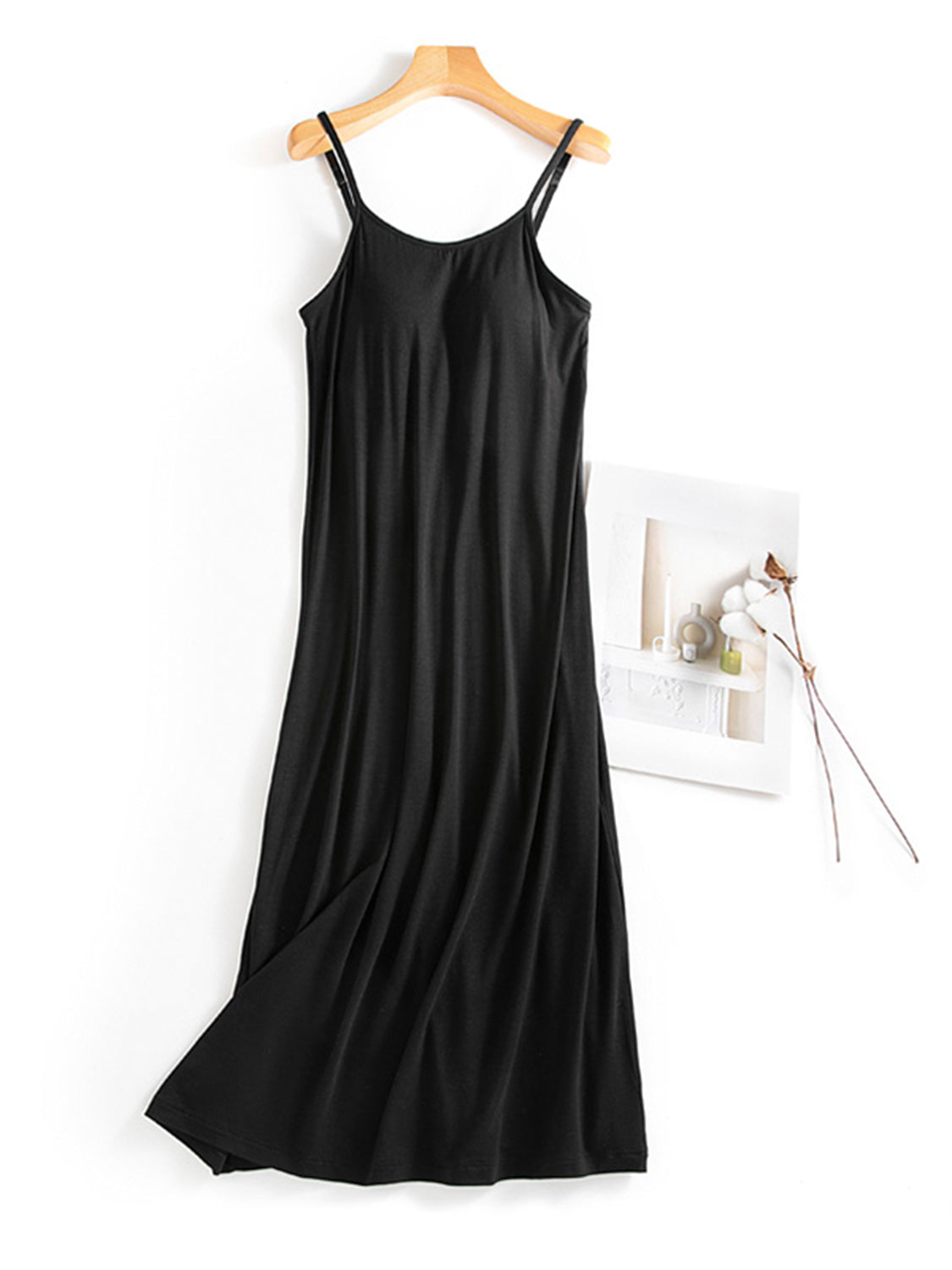 Black Scoop Neck Midi Cami Dress with Bra Sentient Beauty Fashions Apparel &amp; Accessories
