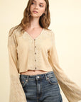 VERY J V-Neck Lace Detail Button Down Crop Ribbed Knit Top