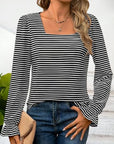 Striped Square Neck Flounce Sleeve Top