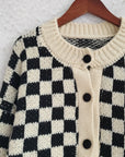 Checkered Button Up Round Neck Cardigan