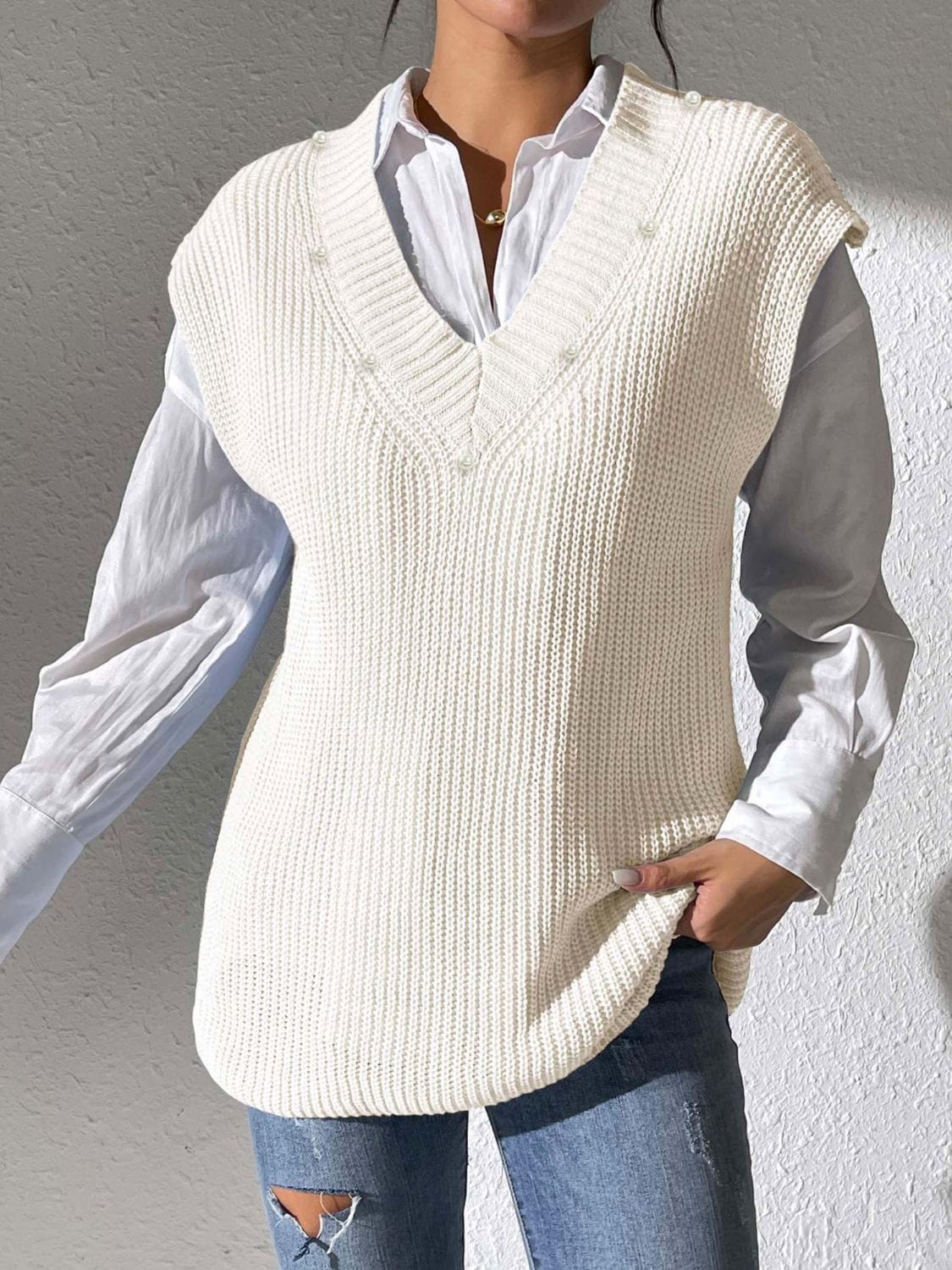 Gray Pearl Trim V-Neck Sweater Vest