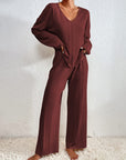 V-Neck Long Sleeve Top and Pants Set