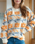 Flower Contrast Round Neck Long Sleeve Sweater