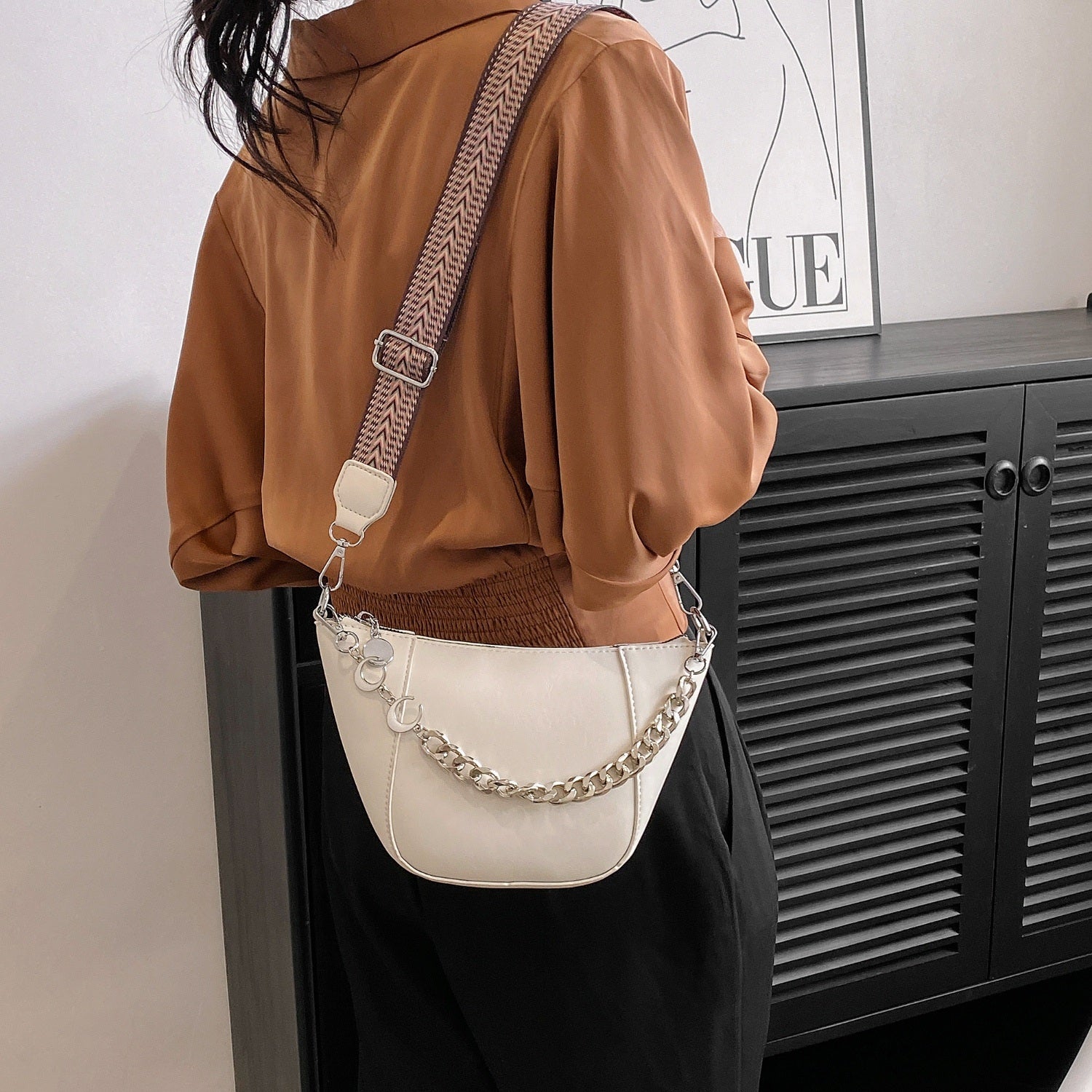 Dark Gray PU Leather Chain Trim Crossbody Bag Sentient Beauty Fashions bags