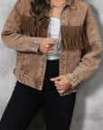 Fringe Trim Snap Down Denim Jacket