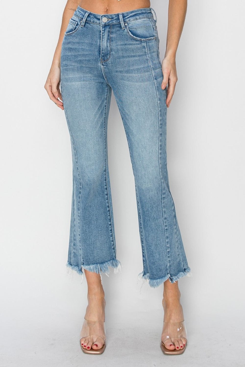 Light Gray RISEN Full Size High Rise Frayed Hem Flare Jeans