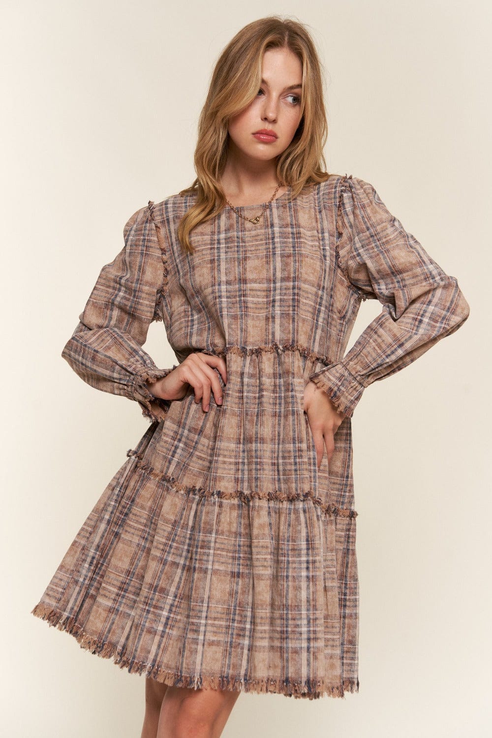 Light Gray And The Why Full Size Washed Frayed Tiered Plaid Dress