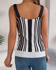 Gray Openwork Striped V-Neck Tank