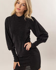 HYFVE Glitter Mock Neck Long Sleeve Mini Dress