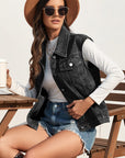 Collared Neck Sleeveless Denim Jacket