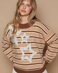 POL Star Patch Stripe Round Neck Sweater