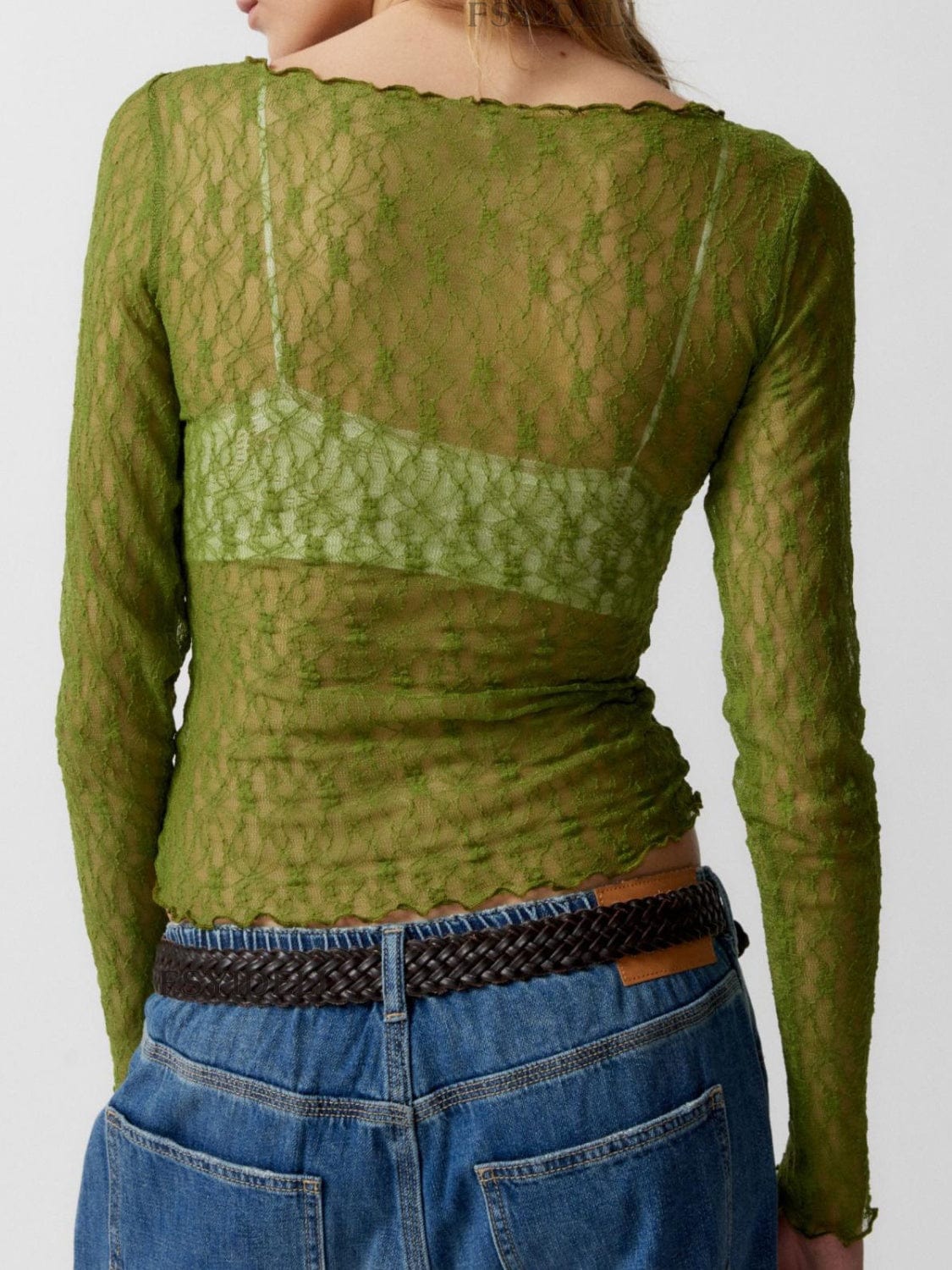 Dark Olive Green Lace Boat Neck Long Sleeve Blouse