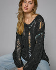 Dark Gray POL Distressed Dropped Shoulder Long Sleeve Knit Top