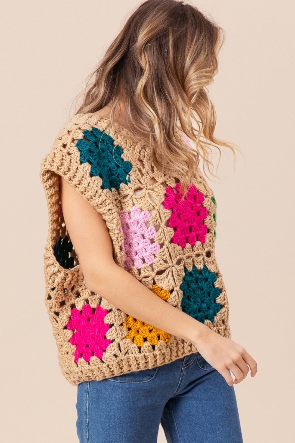 Wheat BiBi Granny Square Openwork Sweater Vest