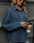 Button Down Collared Neck Long Sleeve Denim Top