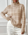 Gray Plaid Turtleneck Long Sleeve Sweater