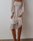 Smocked Floral Square Neck Long Sleeve Midi Dress