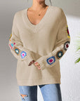 Gray Crochet Flower V-Neck Sweater