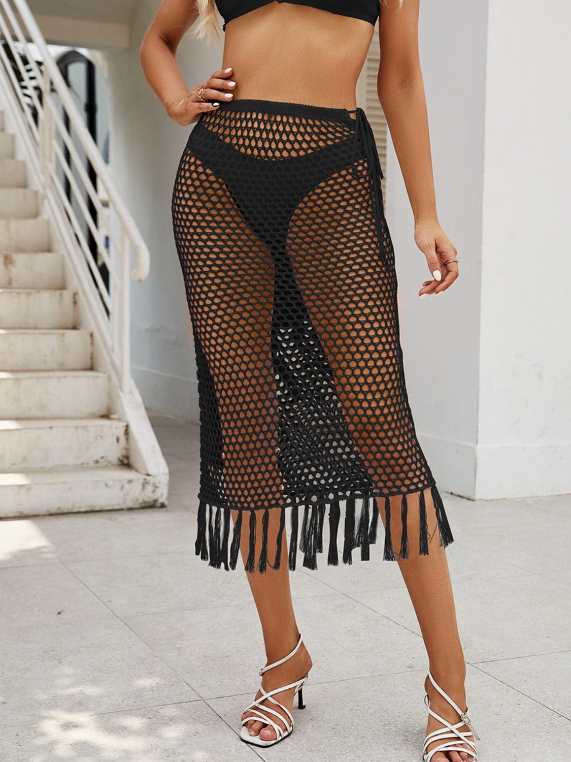 Gray Fringe Openwork High Waist Swim Skirt