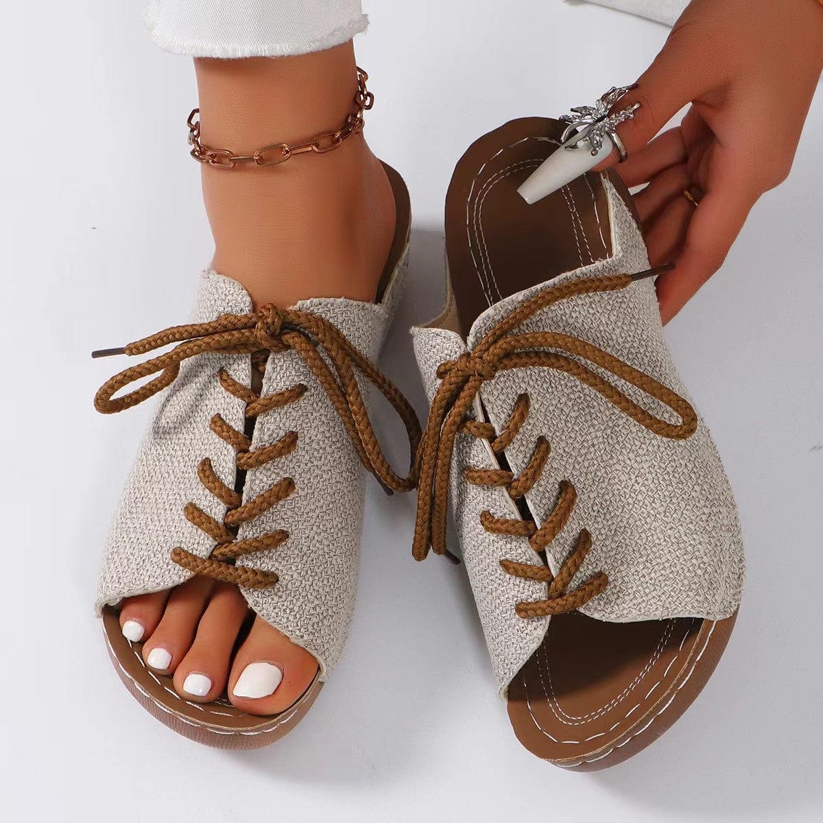 Gray Lace-Up Open Toe Wedge Sandals