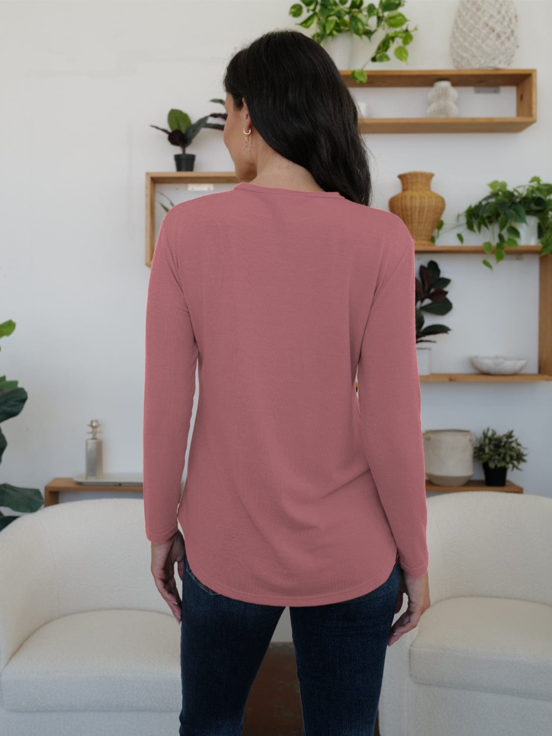 Rosy Brown Round Neck Long Sleeve T-Shirt