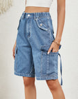 Buttoned Elastic Waist Denim Shorts with Pockets