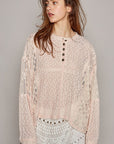 POL Round Neck Long Sleeve Raw Edge Lace Top