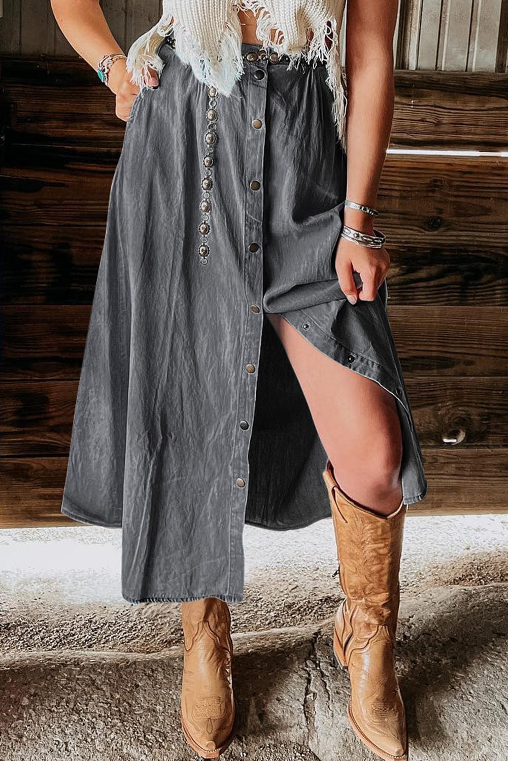 Dark Slate Gray Snap Down High Waist Denim Skirt