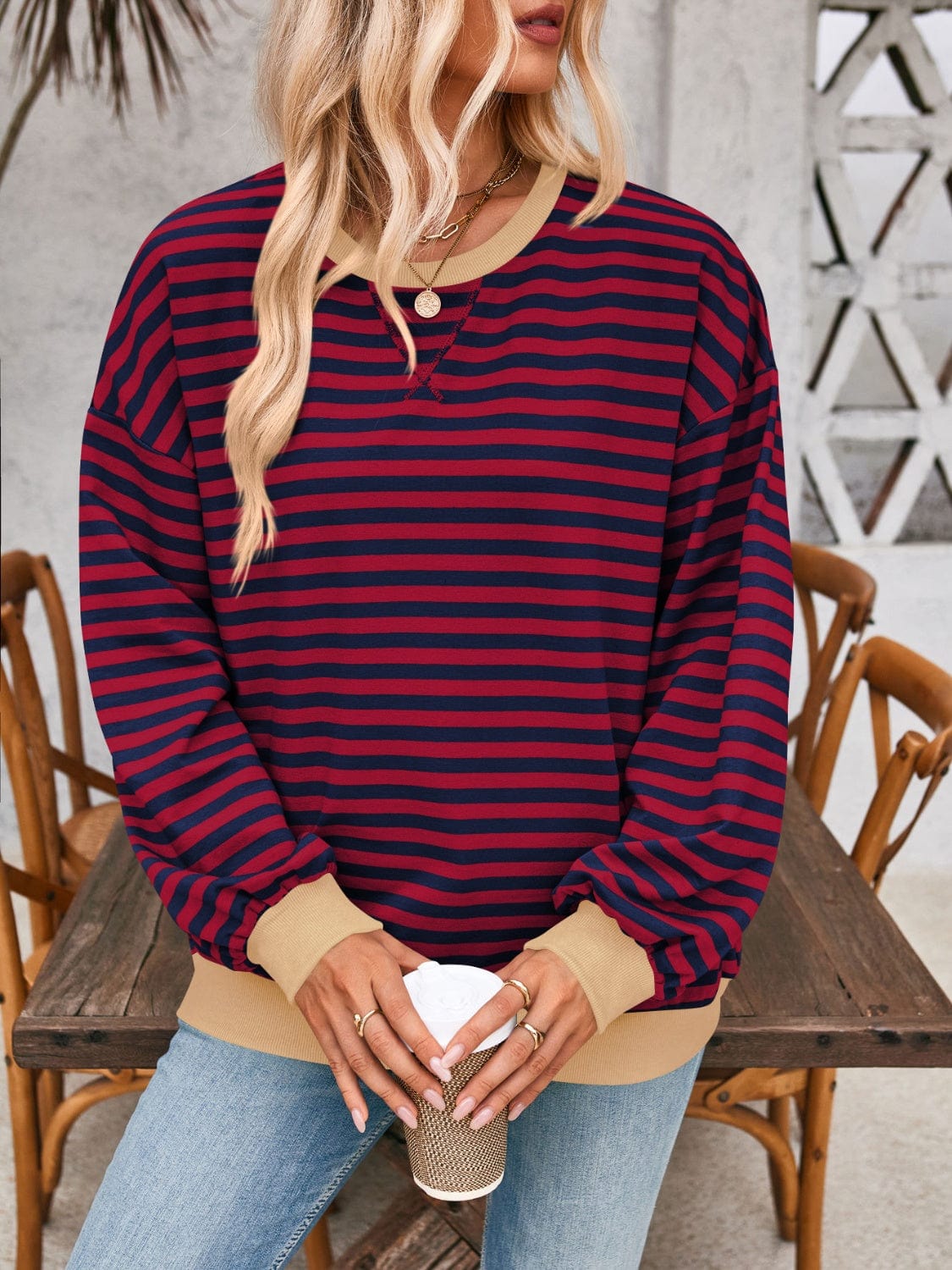 Dark Gray Contrast Striped Long Sleeve Sweatshirt