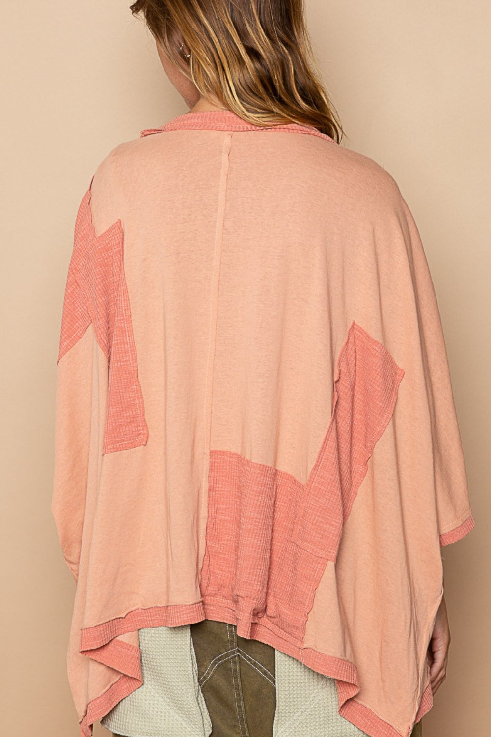 Tan POL Frayed Edge Patchwork Oversized T-Shirt Sentient Beauty Fashions Apparel & Accessories