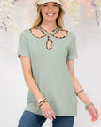 Celeste Full Size Crisscross Cutout Leopard Contrast Trim T-Shirt