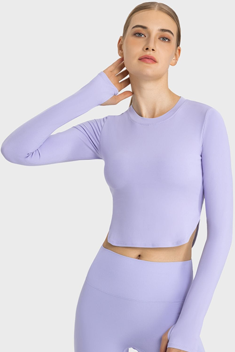 Light Gray Side Slit Long Sleeve Round Neck Crop Top