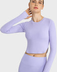 Light Gray Side Slit Long Sleeve Round Neck Crop Top