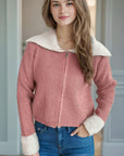 Zip Up Collared Neck Long Sleeve Cardigan