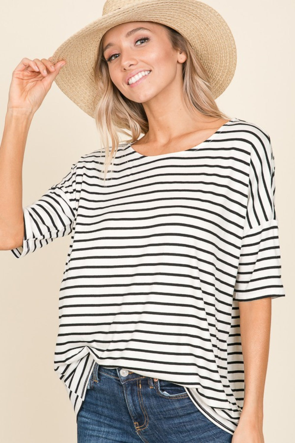 Antique White BOMBOM Striped Round Neck T-Shirt Sentient Beauty Fashions Apparel &amp; Accessories