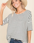 Antique White BOMBOM Striped Round Neck T-Shirt Sentient Beauty Fashions Apparel & Accessories