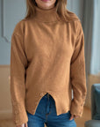 Front Slit Decorative Button Turtleneck Sweater