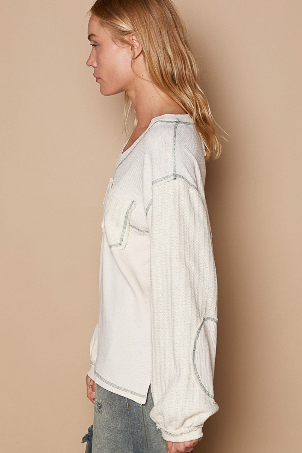 Tan POL V-Neck knit Panel Exposed Seam Top