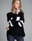 Slit Contrast V-Neck Long Sleeve Sweater