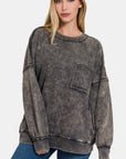 Dim Gray Zenana Exposed Seam Round Neck Dropped Shoulder Sweatshirt