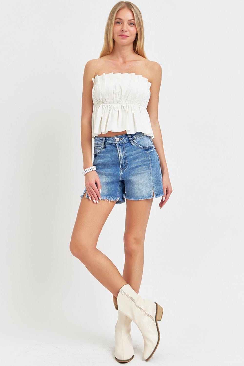 Antique White RISEN Front Slit Raw Hem Denim Shorts