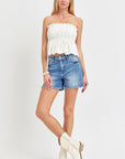 Antique White RISEN Front Slit Raw Hem Denim Shorts