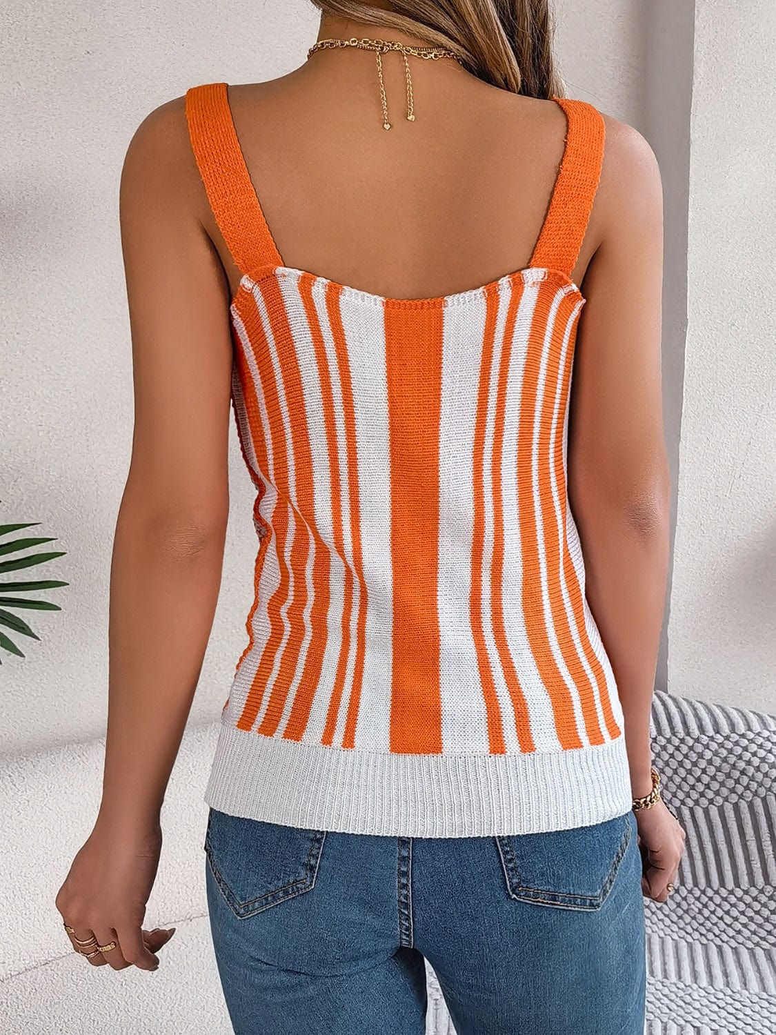 Gray Openwork Striped V-Neck Tank