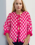 Double Take Tied Checkered Dropped Shoulder Flounce Sleeve Cardigan