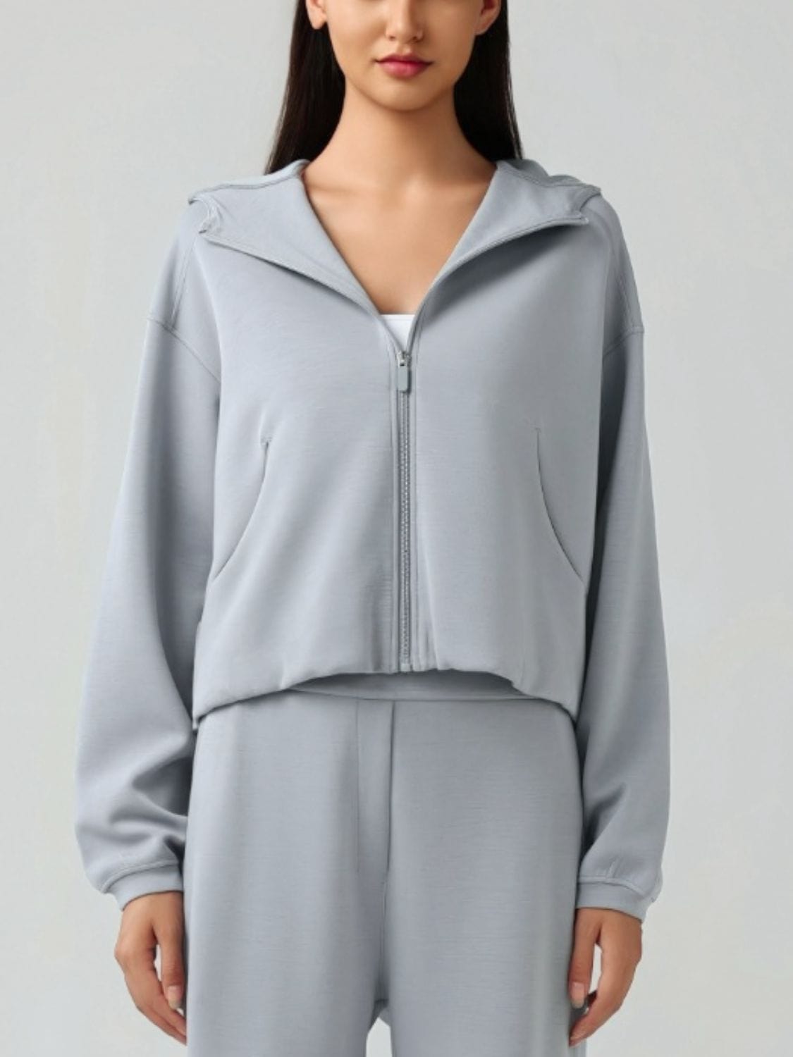 Gray Zip Up Dropped Shouder Active Hooded