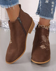 Embroidered Suede Point Toe Block Heel Boots