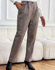 Perfee Plaid Straight Pants with Pockets