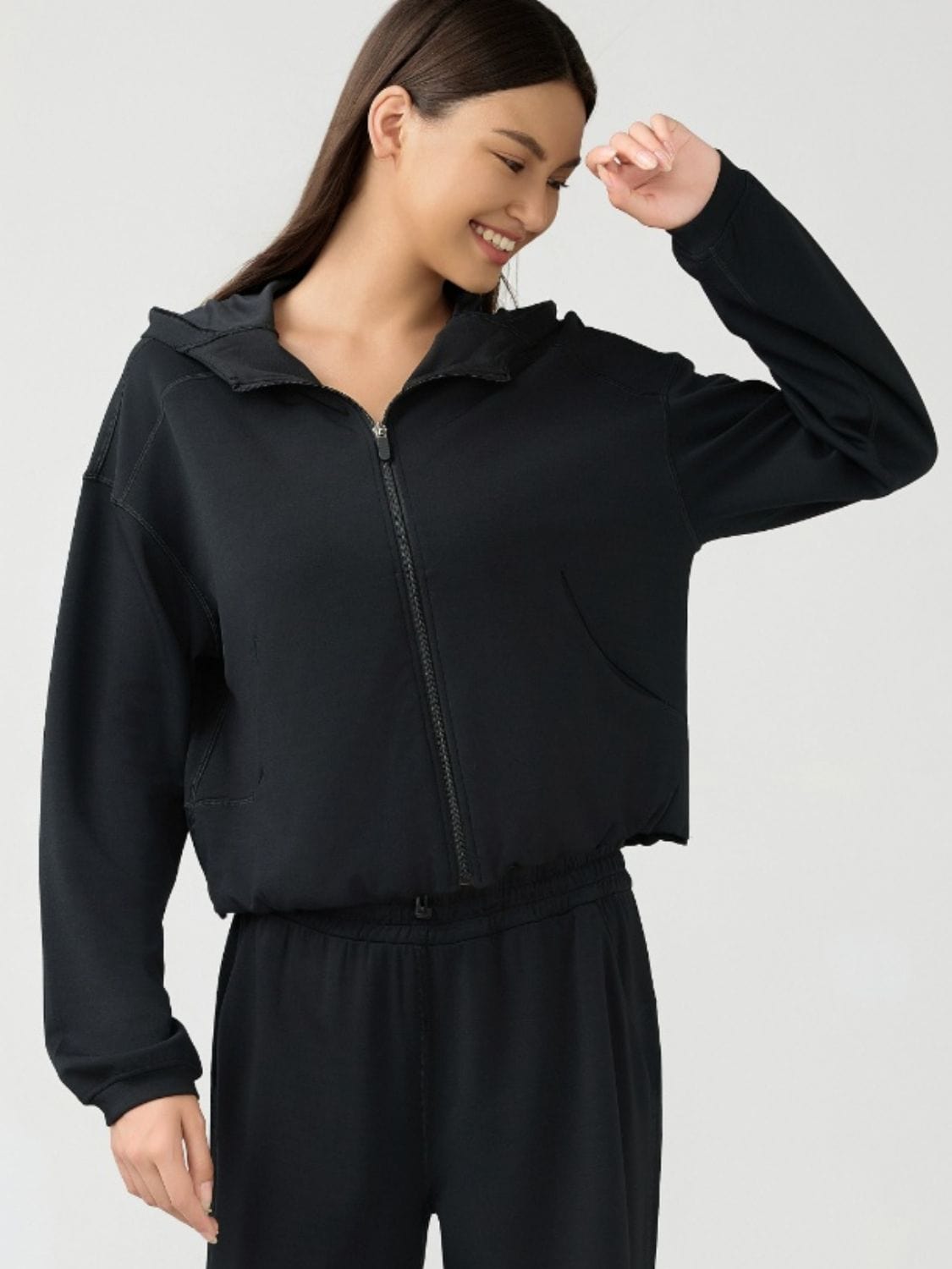 Black Zip Up Dropped Shouder Active Hooded